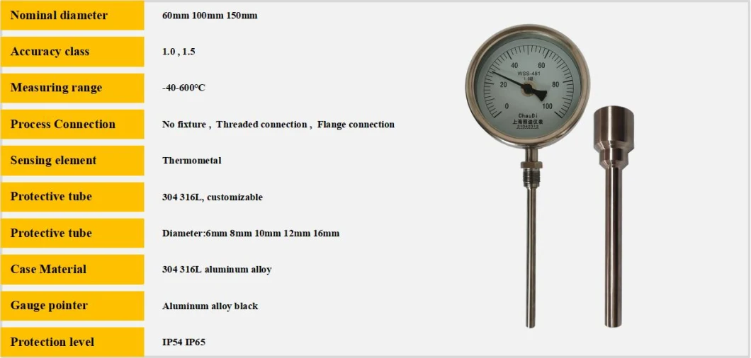 Bimetal Temperature Gauge Pointer Indication -40-600º C Stainless Steel Bimetal Thermometer